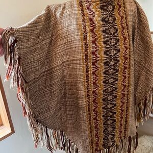 Boho Woven Fringe Throw Blanket in Tan with Mustard & Rust Accents